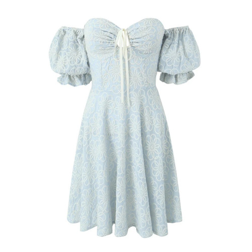 Embroidered floral dress with line neck puffed sleeves