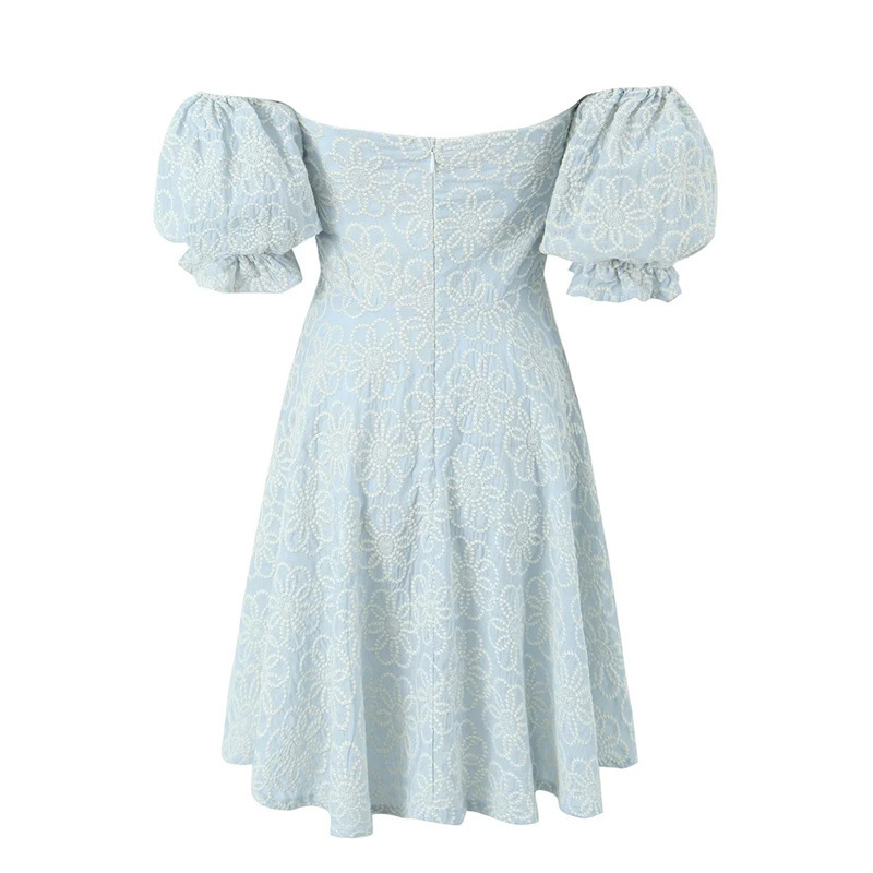 Embroidered floral dress with line neck puffed sleeves