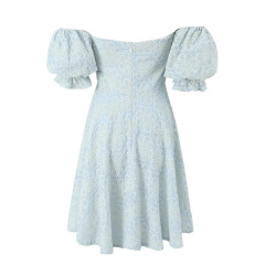 Embroidered floral dress with line neck puffed sleeves
