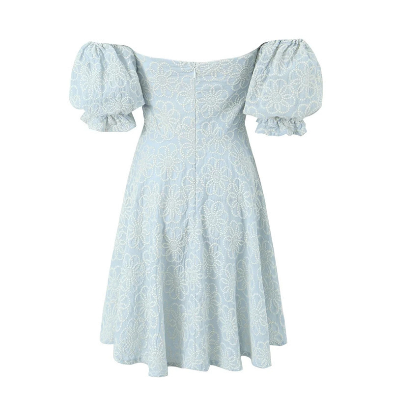 Embroidered floral dress with line neck puffed sleeves