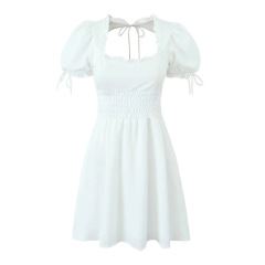 Halter dress with square neck puffed sleeves