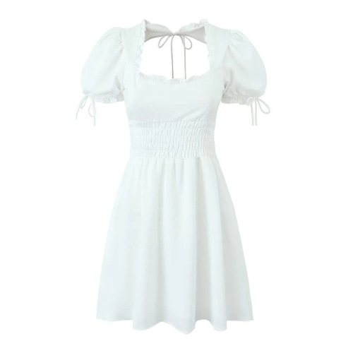 Halter dress with square neck puffed sleeves