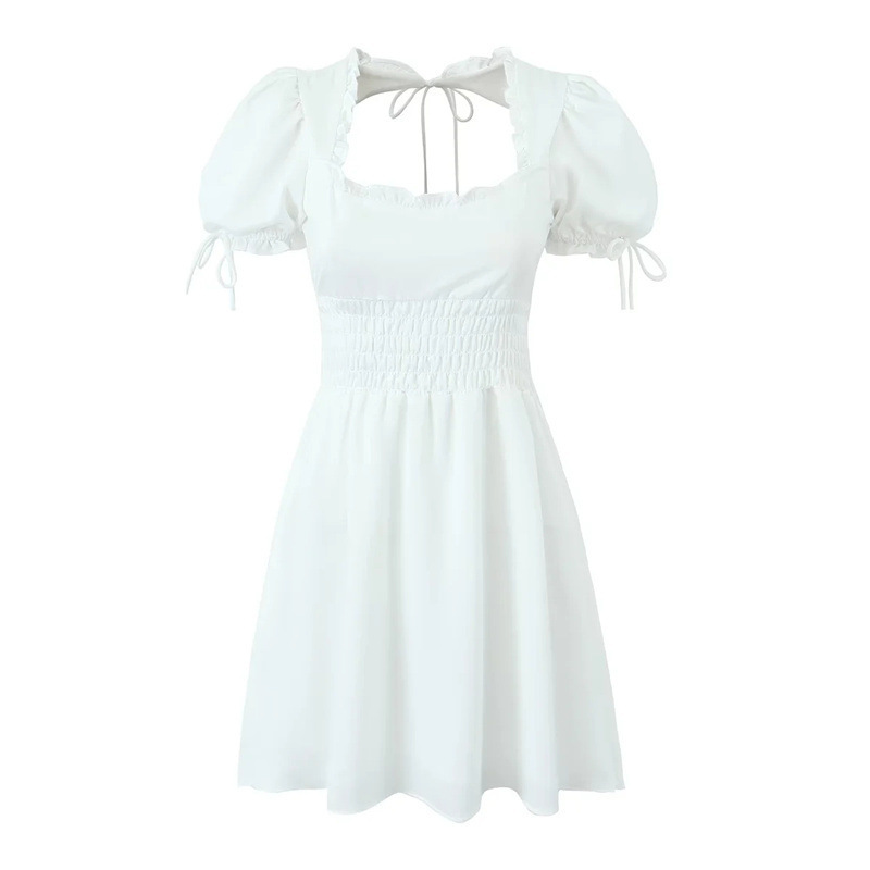 Halter dress with square neck puffed sleeves