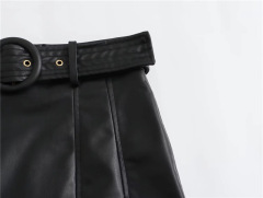 Sweet and spicy wind PU leather wide pleated skirt