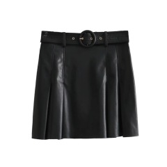 Sweet and spicy wind PU leather wide pleated skirt