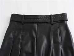 Sweet and spicy wind PU leather wide pleated skirt