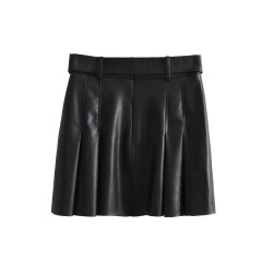 Sweet and spicy wind PU leather wide pleated skirt