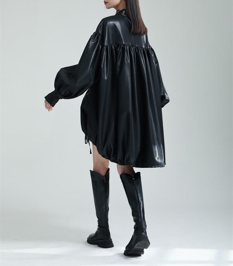 PU leather lantern sleeve puffy skirt