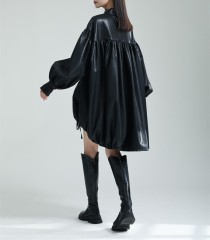 PU leather lantern sleeve puffy skirt