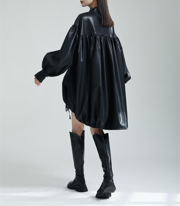 PU leather lantern sleeve puffy skirt