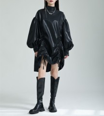 PU leather lantern sleeve puffy skirt