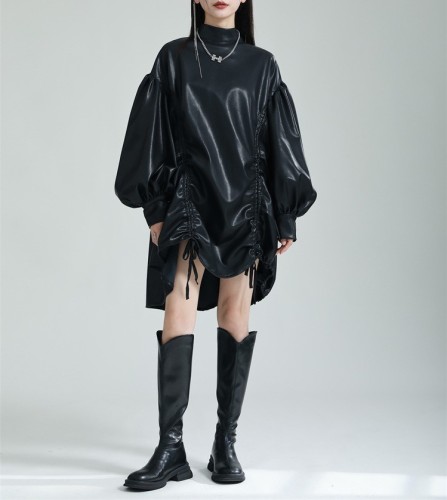 PU leather lantern sleeve puffy skirt