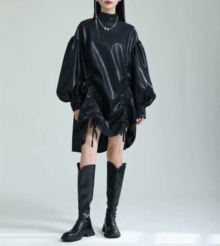 PU leather lantern sleeve puffy skirt