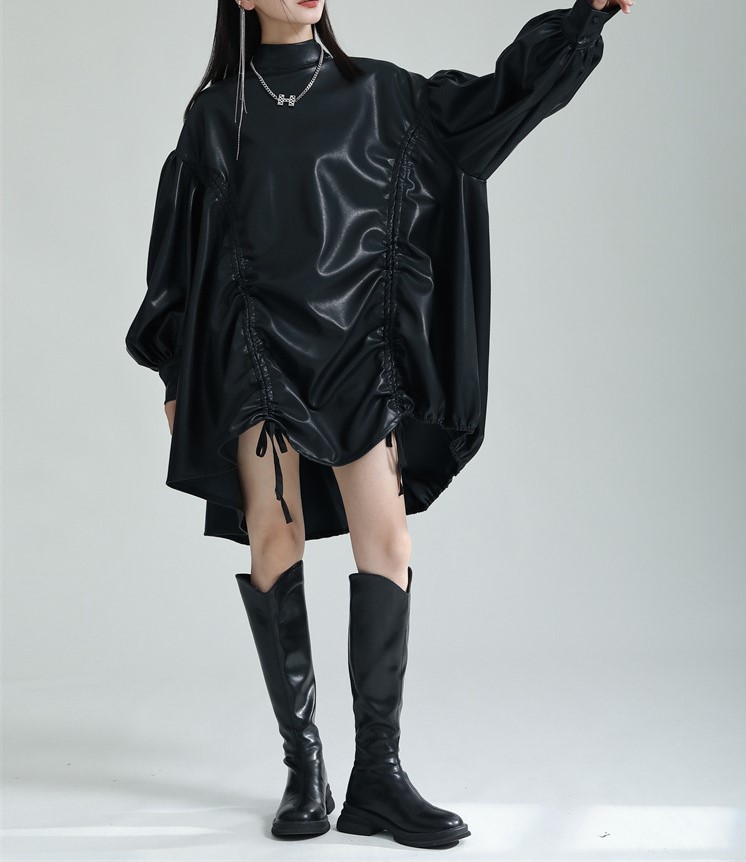 PU leather lantern sleeve puffy skirt