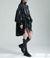 PU leather lantern sleeve puffy skirt