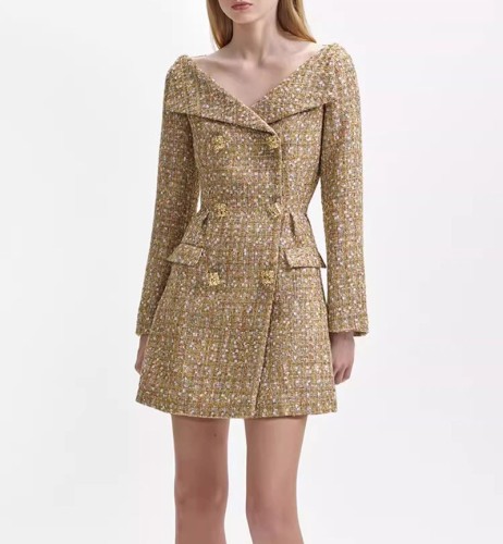 Gold waisted long sleeved dress