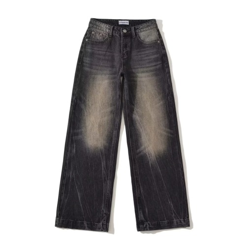 Retro black grey denim straight leg pants