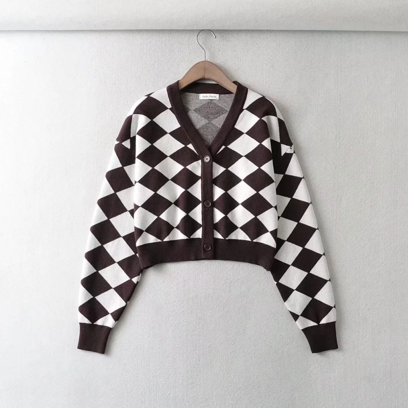 Loose diamond plaid sweater cardigan
