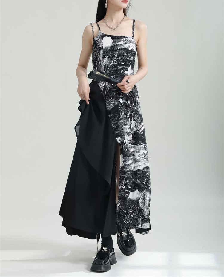 Spliced printed irregular camisole dress