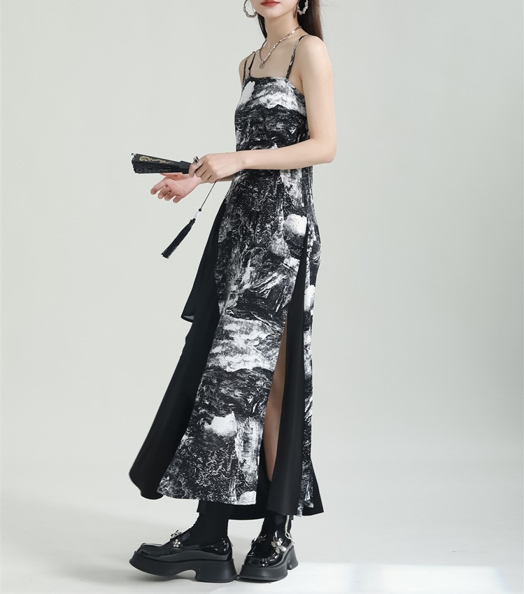 Spliced printed irregular camisole dress