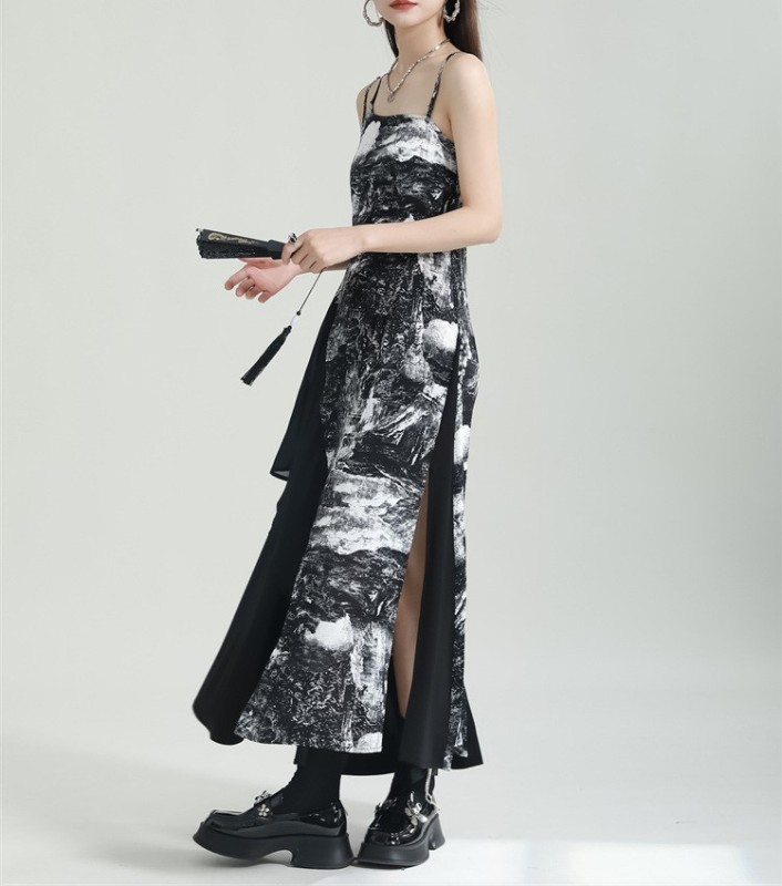 Spliced printed irregular camisole dress