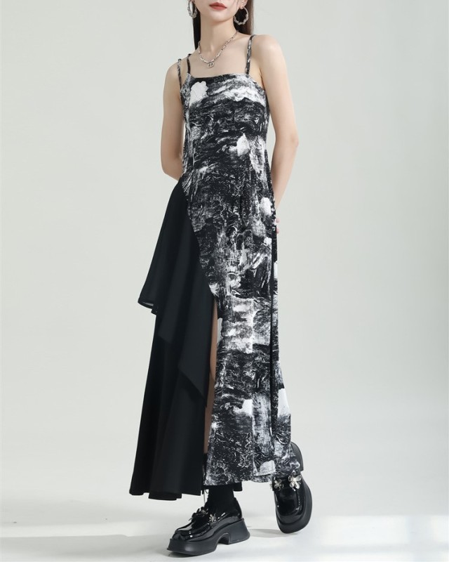 Spliced printed irregular camisole dress