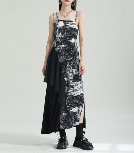 Spliced printed irregular camisole dress