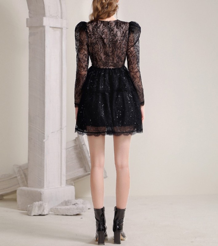 Black V-neck lace formal dress