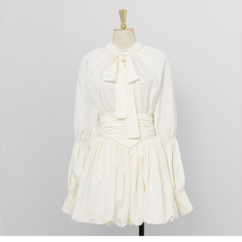 Lantern sleeve bow shirt pleated short skirt set