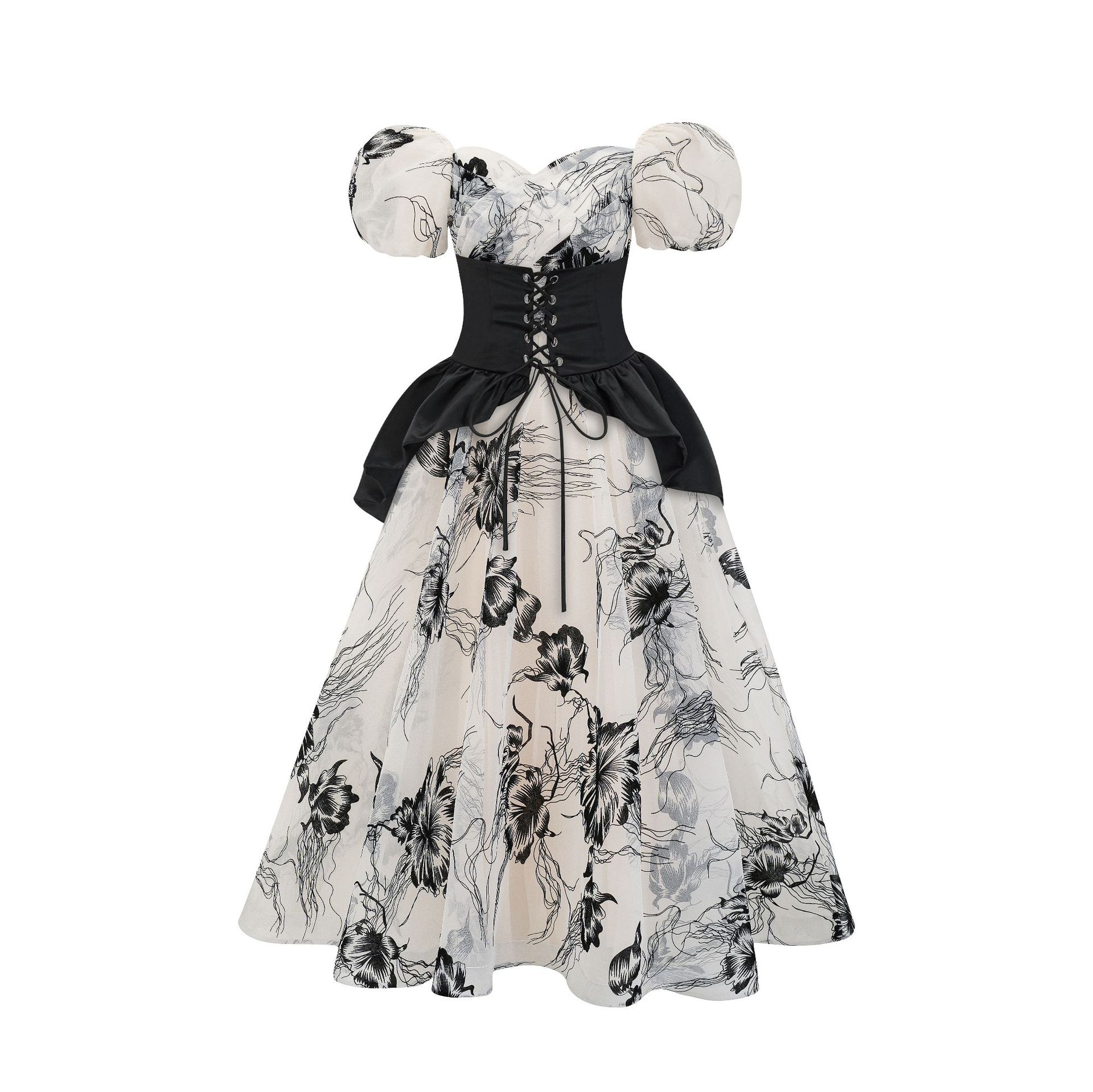 Ink painting bubble sleeve dress