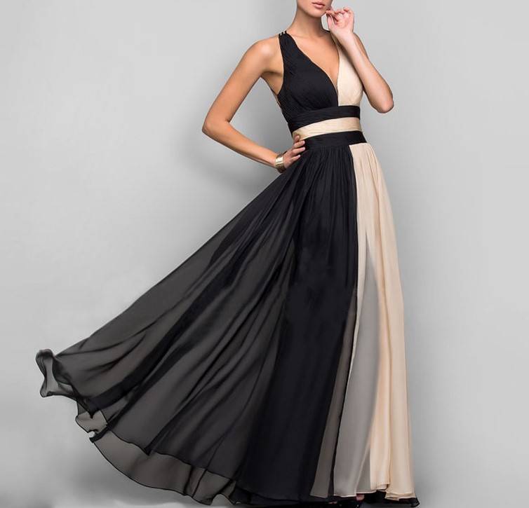 V-neck sleeveless color matching dress