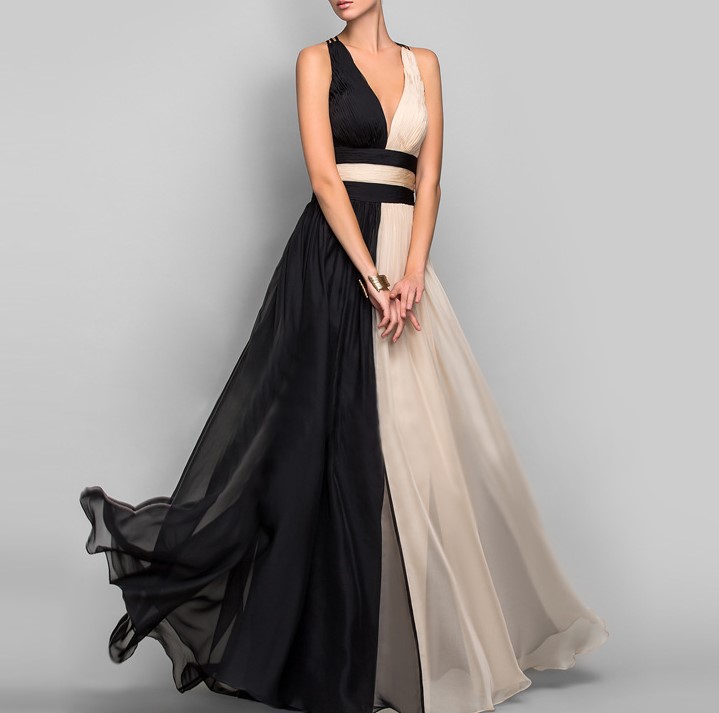 V-neck sleeveless color matching dress
