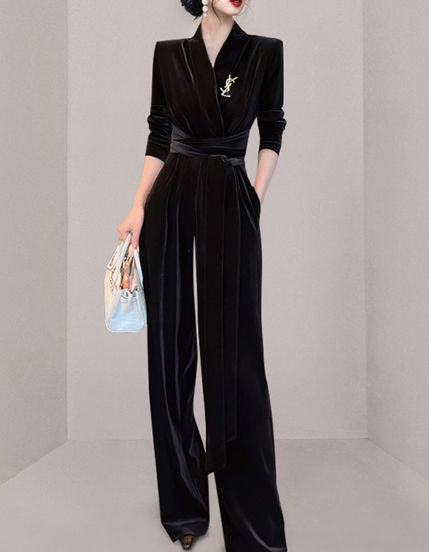 Sexy V-neck Velvet jumpsuit