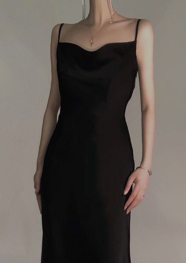 Satin suspender sexy black dress