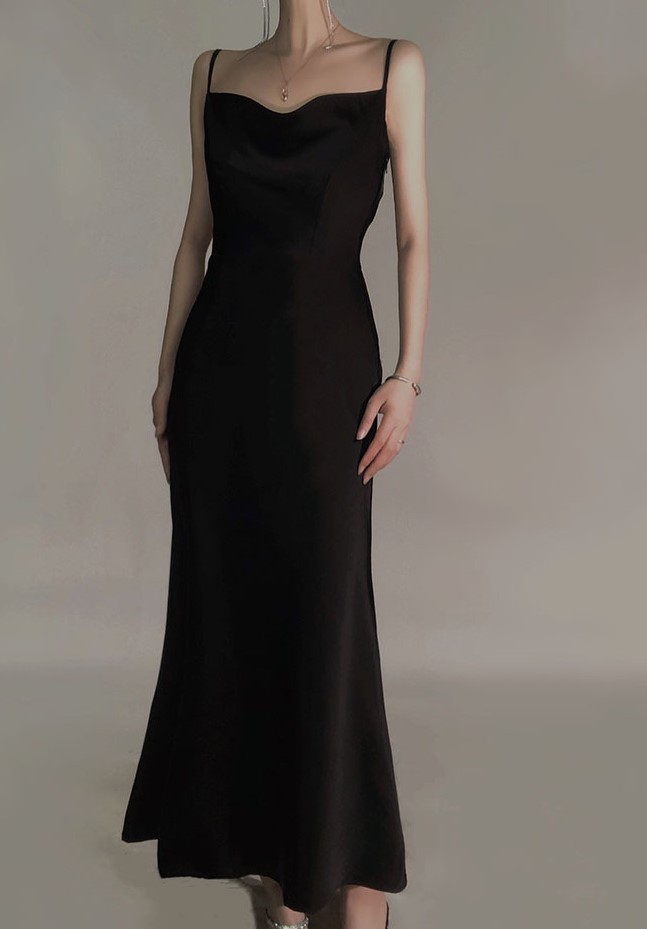 Satin suspender sexy black dress