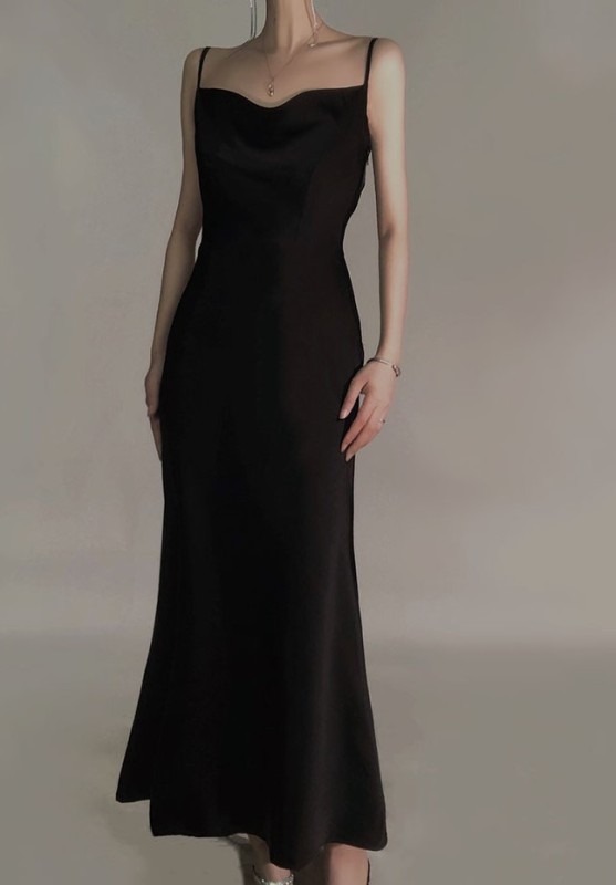 Satin suspender sexy black dress