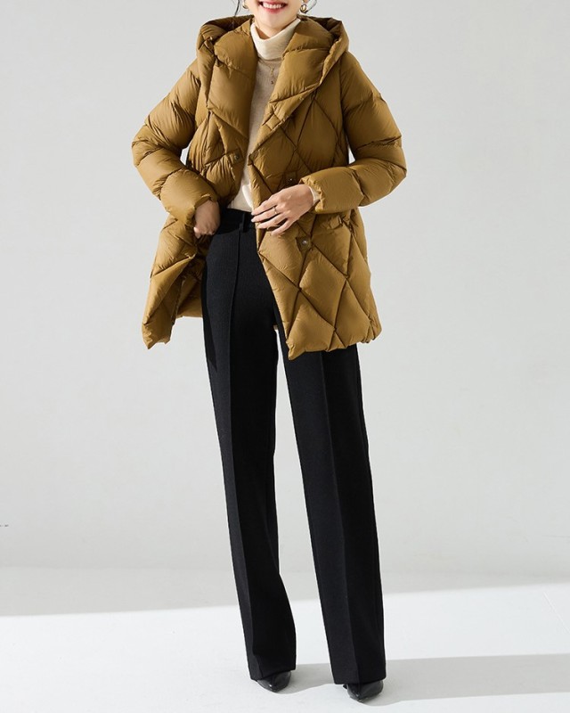Diamond plaid hooded down jacket