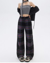 Retro plaid straight leg casual pants