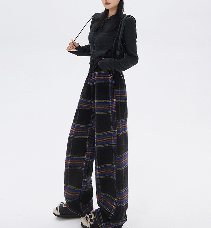 Retro plaid straight leg casual pants