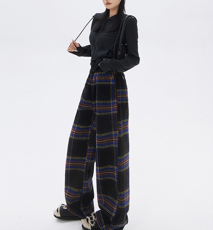 Retro plaid straight leg casual pants