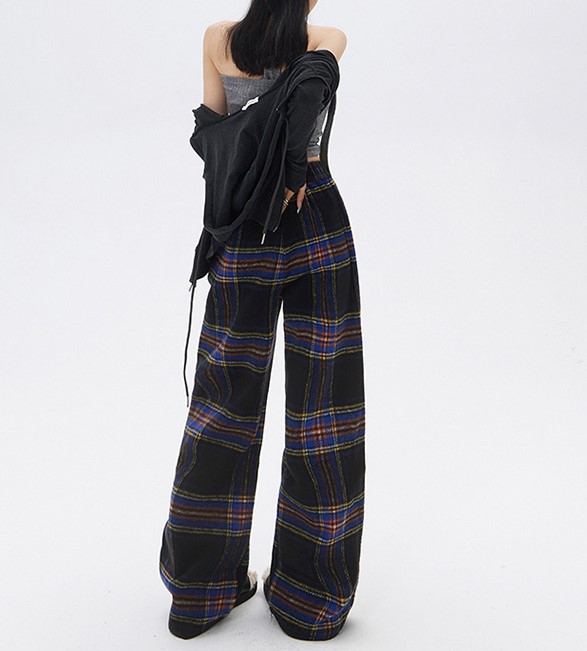 Retro plaid straight leg casual pants