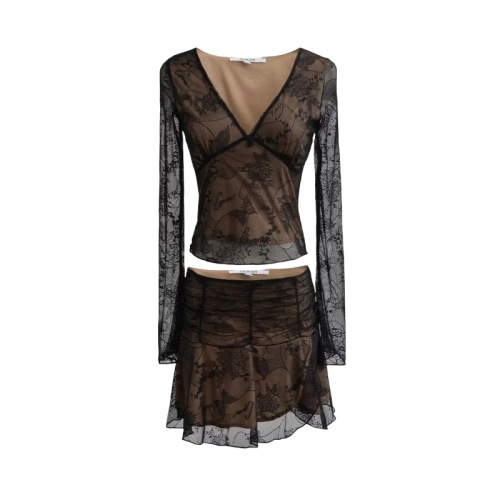 Sexy deep V-neck long sleeved lace short skirt set