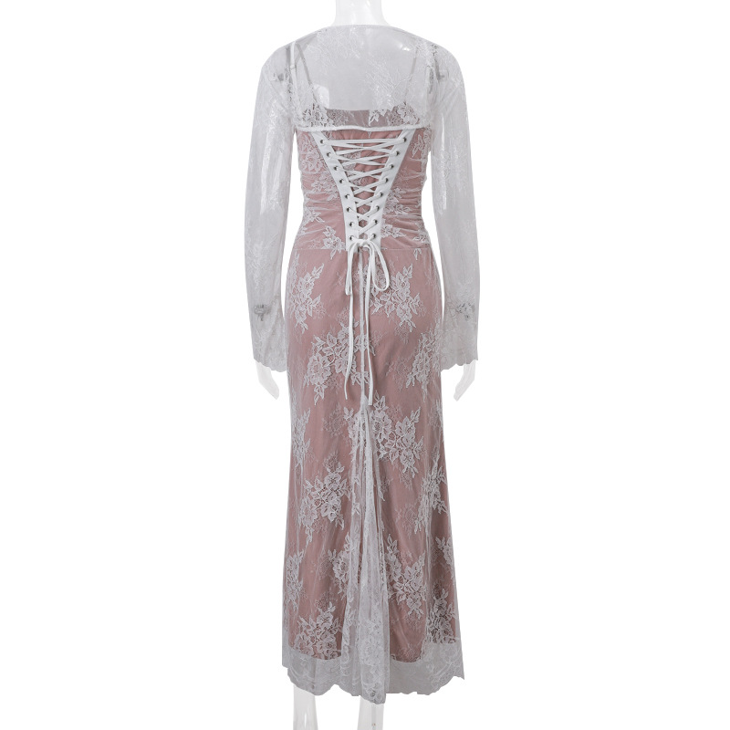 Sexy lace square neck tie up dress