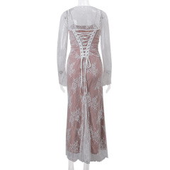 Sexy lace square neck tie up dress
