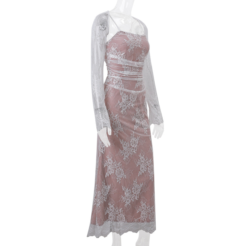 Sexy lace square neck tie up dress