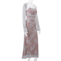 Sexy lace square neck tie up dress
