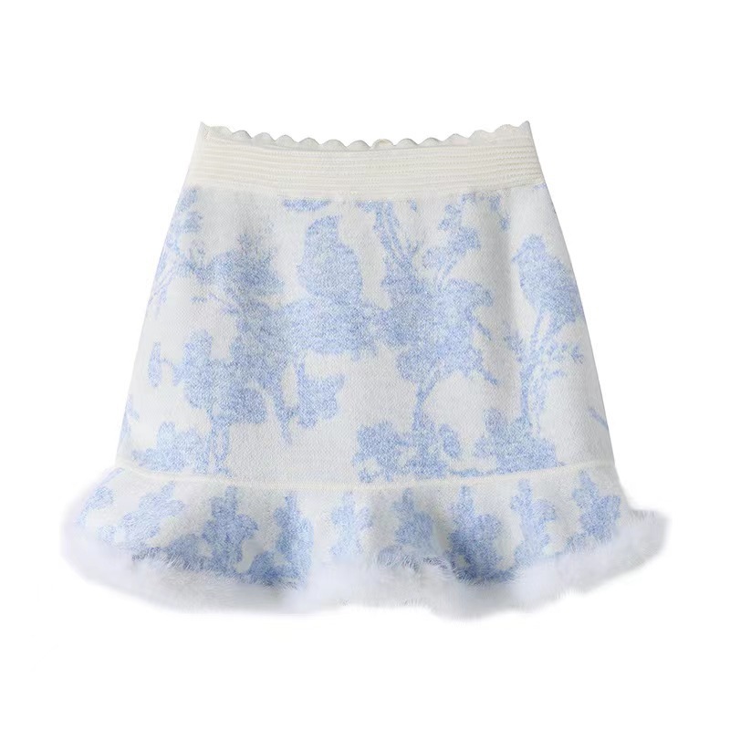 Printed A-line skirt knitted half skirt
