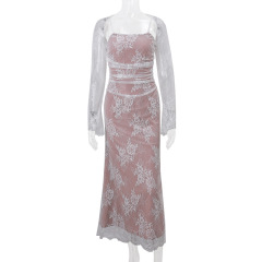 Sexy lace square neck tie up dress
