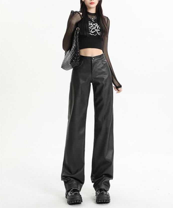 Black straight leg leather pants for women