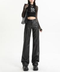 Black straight leg leather pants for women